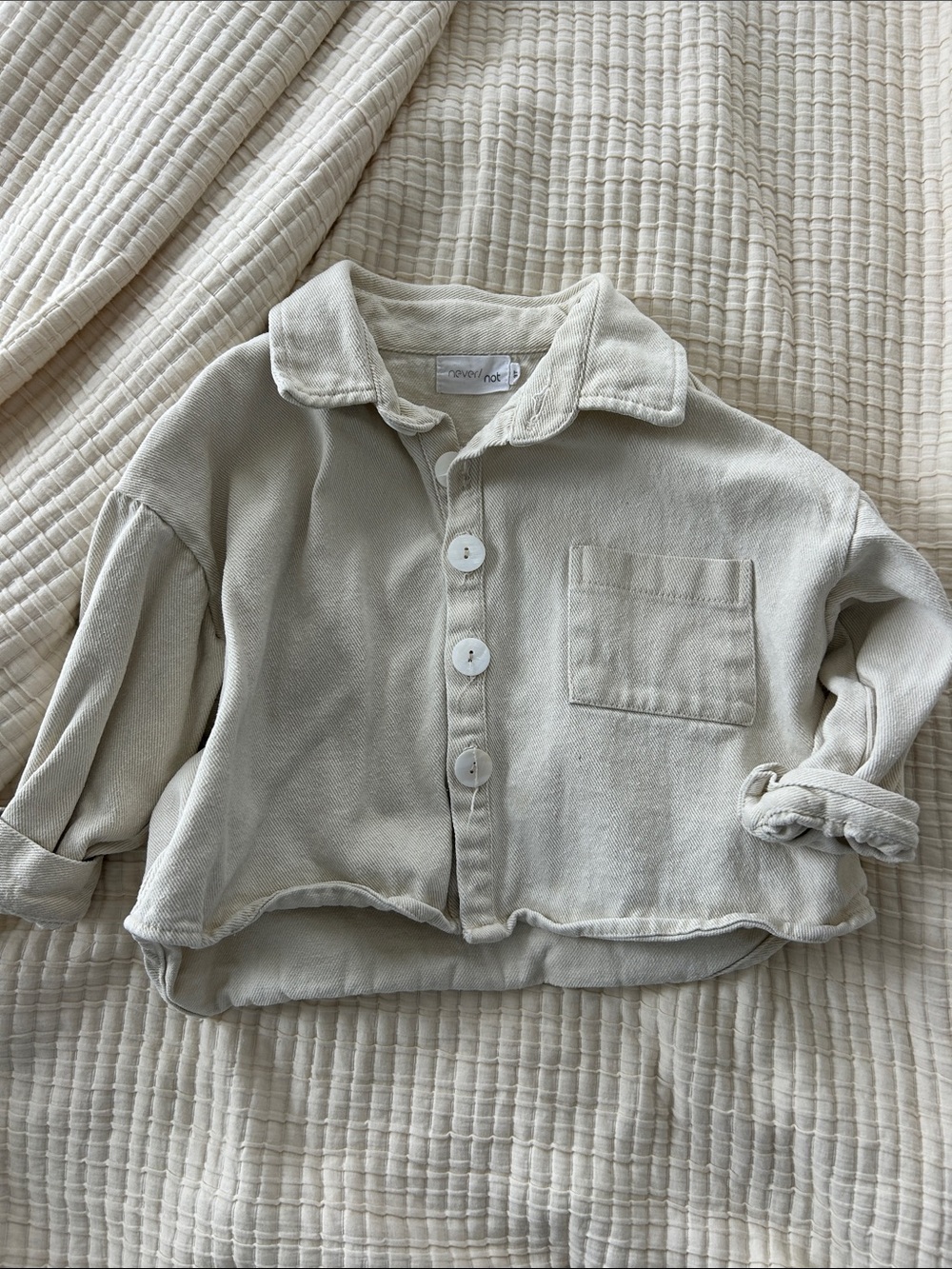 Neutral Cream Button-Front Kids Shirt with Pocket by